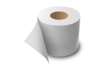 Tuvalet kağıdı rulosu, beyaz arka planda izole edilmiş, gerçekçi, ince kağıt dokusu olan. Ev temizliği veya banyo kullanımı için tek bir yumuşak doku rulosu - vektör illüstrasyonu