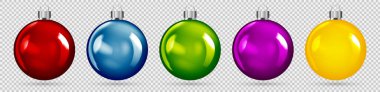 Noel topları vektör dizaynı. Noel süsü olarak şeffaf arkaplanda izole edilmiş renkli 3D gerçekçi Noel balosu. Vektör illüstrasyonu.