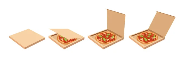 Realistyczne Pudełko Pizzą Tektura Otwarte Zamknięte Pojemniki Żywności Puste Pizzą — Wektor stockowy