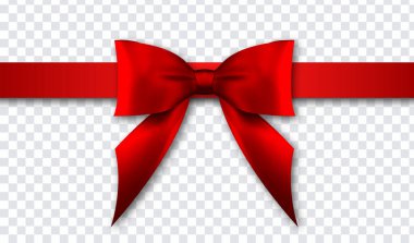 Gerçekçi kırmızı yay ve şeffaf arka plan üzerinde izole şerit. Broşür veya tebrik kartı için şablon. Vektör çizim.