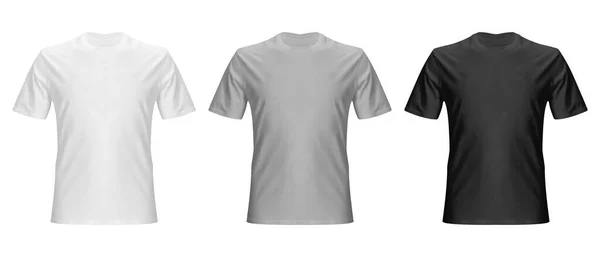 クリーンな背景に隔離されたリアルなホワイト、グレー、ブラックのTシャツベースの布をセット — ストックベクタ