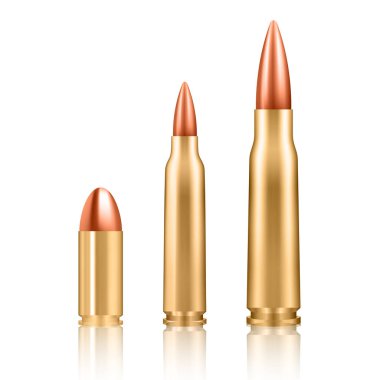 Beyaz arka planda izole edilmiş altın metal mermi seti - farklı tipler