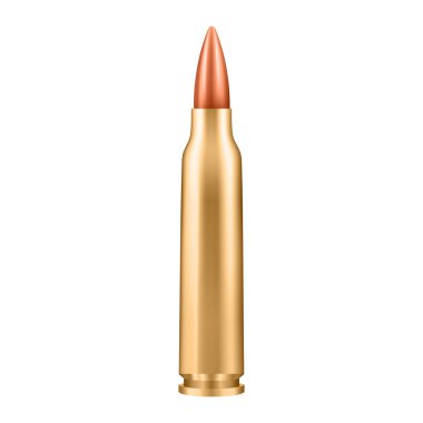Otomatik tüfekler için beyaz arka planda izole edilmiş metal mermi. Mermi 5.56 mm kalibre..