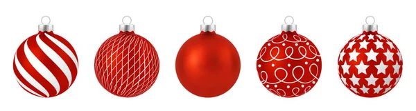 Set Van Realistische Rode Kerstballen Met Ornament Geïsoleerd Witte Achtergrond — Stockvector