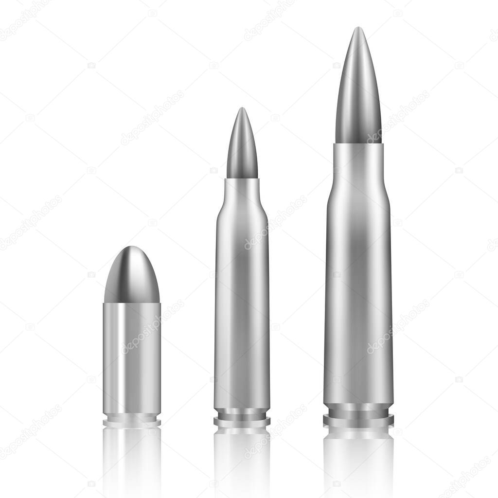 Silver metal bullet set isolated on white background - different types