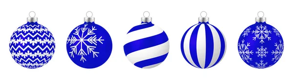 Set Von Realistischen Blauen Weihnachtskugeln Mit Ornament Isoliert Auf Weißem — Stockvektor
