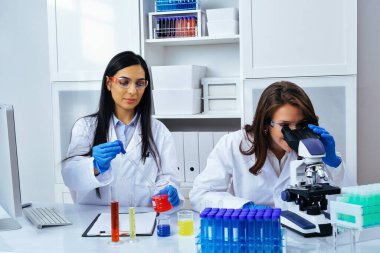 Laboratuvarda deney tüpleri ve mikroskop ile çalışan iki güzel bayan bilim adamı araştırma yapıyor. 