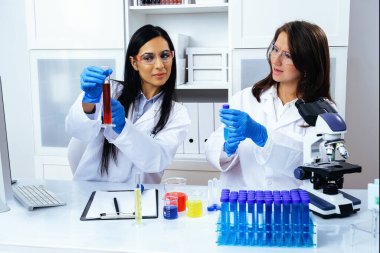 Laboratuvarda deney tüpleriyle çalışan iki güzel genç bilim kadını araştırma yapıyor. 