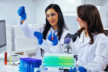 Laboratuvarda deney tüpleriyle çalışan iki güzel genç bilim kadını araştırma yapıyor. 