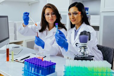 Laboratuvarda deney tüpleriyle çalışan iki güzel genç bilim kadını araştırma yapıyor. 