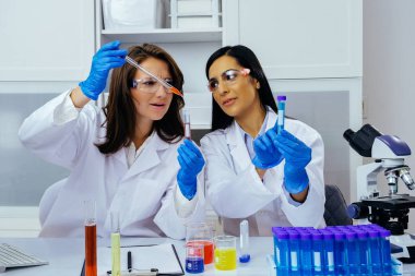 Laboratuvarda deney tüpleriyle çalışan iki güzel genç bilim kadını araştırma yapıyor. 