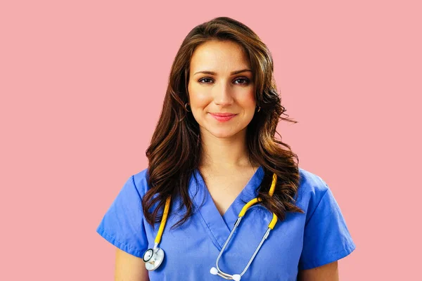 Close Portrait Smiling Female Doctor Nurse Stethoscope Blue Uniform Pink — Stock Photo, Image