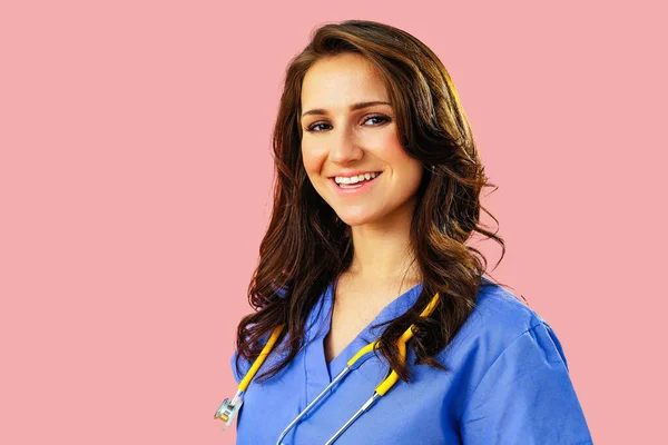 Close Retrato Sorrir Médico Enfermeira Com Estetoscópio Uniforme Azul Sobre — Fotografia de Stock