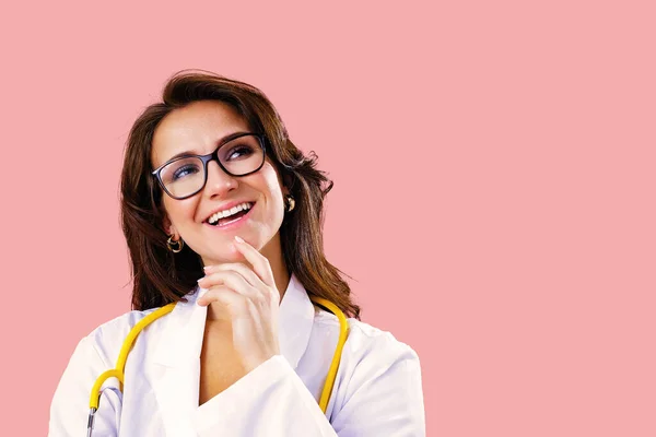 Close Studio Portrait Cheerful Female Doctor Nurse Glasses Looking Away — Stock Photo, Image