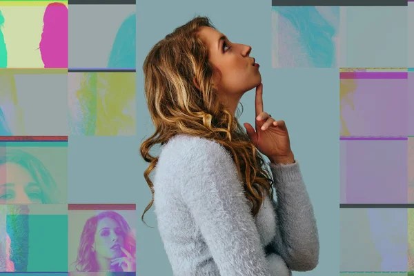 Uzun kıvırcık saçlı, güzel, dalgın bir kadının portresi. 