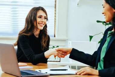 businesswoman shaking hands smiling sitting at modern office successful small business