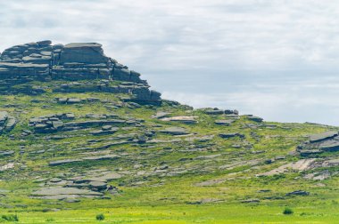 Rocky Dağları, Rocky Dağları. Katı lav birikintileri. Leğenle kaplanmış. Lav tabakalarının harika örtüşmesi, güneş, rüzgar ve yağmur manzarayı oluşturdu. Yaz manzarası. Büyük bozkır. Kazakistan.