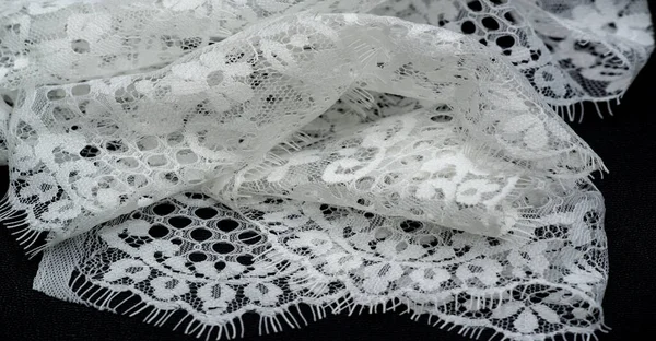 Lace Fabric Bird Feather White Black Background Lace Dominates Fashion — Stock Photo, Image