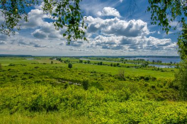 Yaz fotoğrafçılığı, su çayırları, nehir taşkın ovaları, dağdan çekilmiş fotoğraflar. Nehrin kenarında yemyeşil çimenler, çam, huş ağacı, fındık ağacı yetişir. sıcak yaz günleri