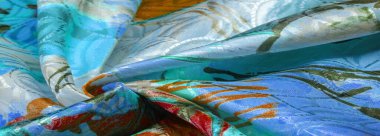 Ressam tarafından çizilmiş ipek kumaş, parlak renkler, kahverengi-sarı mavi renk, dizginlenemez fantezi, doku, arkaplan, desen, duvar kağıdı