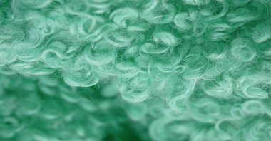 Karakul yapay koç derisi. Yeşil renk. Genç bir astrakhan (kuzu) kumaşının altında inanılmaz kalitede yapay eko-kürk. Özel tasarım, palto kumaşı, doku, arka plan, desen.