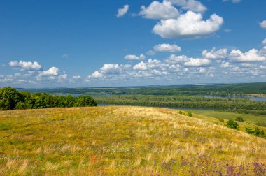 Yaz manzarası, bir kanaldan denize, bir göle ya da başka bir dereye akan büyük bir doğal su akıntısı. Sel, nulla, sıvı, ford. Yüksek tepe kıyıları