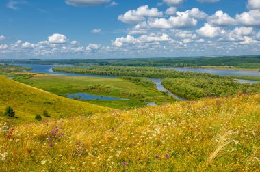 Yaz manzarası, bir kanaldan denize, bir göle ya da başka bir dereye akan büyük bir doğal su akıntısı. Sel, nulla, sıvı, ford. Yüksek tepe kıyıları