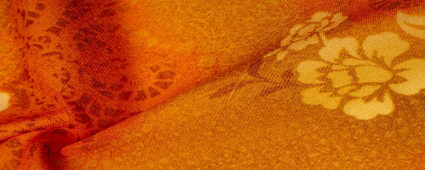 Ткань Оранжевый Шелк Цветочным Узором Фрагмент Красочного Ретро Шелкового Текстиля — стоковое фото