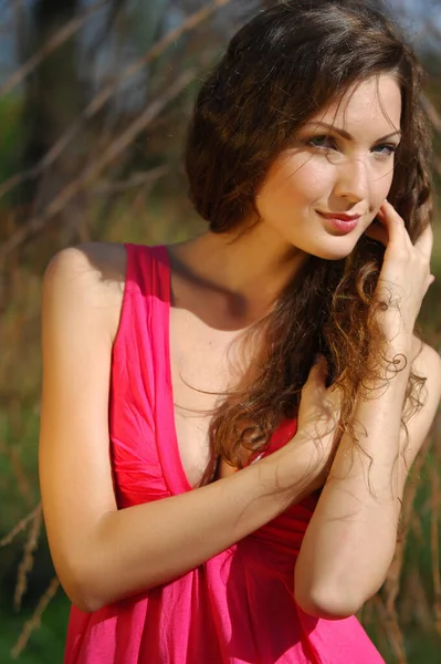 Girl Open Sky Model Red Summer Dress — Stock Photo, Image