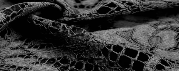 Black Lace Fabric Delicate Embossed Lace Fabric Scalloped Both Edges — Stock Photo, Image