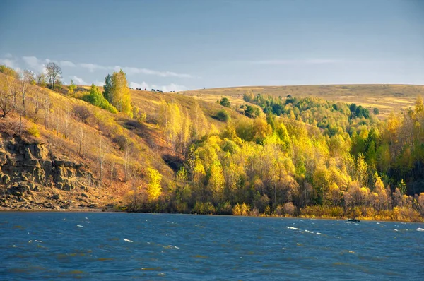 Autumn Landscape Banner Beautiful Landscape High River Bank Reflection Blue — Stock Photo, Image