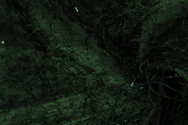 Kumaşın yüzeyinde pullu ve iplikli zümrüt yeşili ipek kumaş. Bu soyut ombre tül, Avrupalı bir tasarımcının pulları ve iplikleriyle süslenmiş.