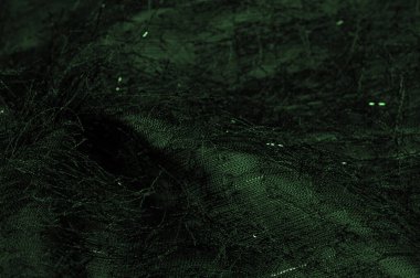 Kumaşın yüzeyinde pullu ve iplikli zümrüt yeşili ipek kumaş. Bu soyut ombre tül, Avrupalı bir tasarımcının pulları ve iplikleriyle süslenmiş.