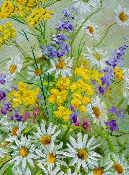 Oil Painting Picture Scene Piece View Canvas Wildflowers Bright Bouquet — Stock Photo, Image