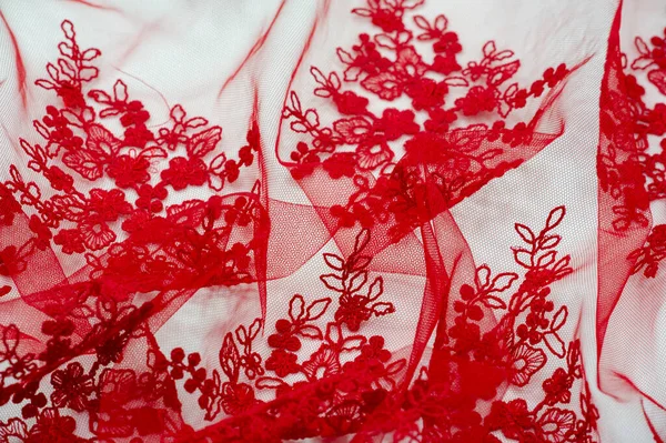 Farbiges Rotes Spitzenmaterial Vintage Blumen Hintergrund Stil Der Provence Dekorativer — Stockfoto