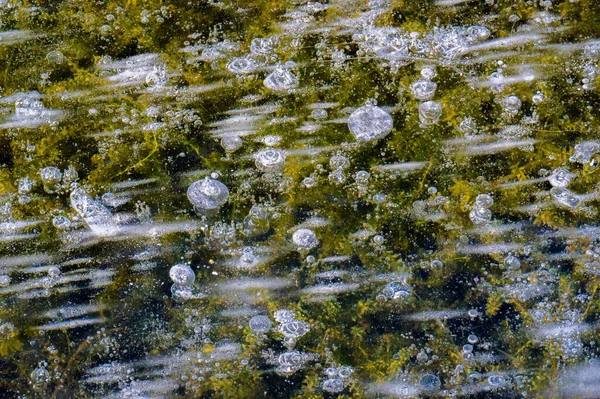 白色的冬天 冰封在冰里的气体的冰泡 冰上已经形成了霜 极冷的冰冻水 纹理图案背景 — 图库照片