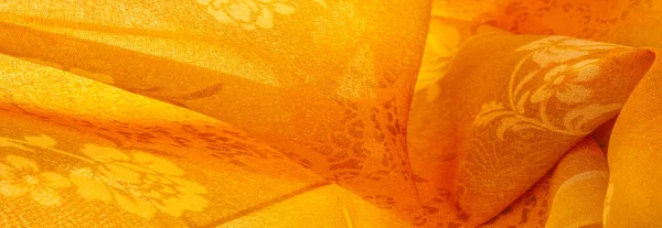 Oranje Zijden Stof Met Bloemenprint Kleding Ontwerp Moderne Bloemenachtergrond Moderne — Stockfoto