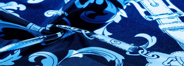 Blue White Monogrammed Silk Fabric Exquisite Pattern Filigree Fabric Texture — Stock Photo, Image