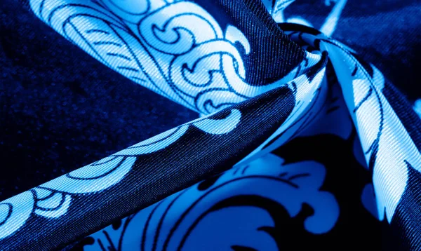 Синий Белый Шелк Монограммой Изысканный Узор Филигранной Ткани Текстура Фон — стоковое фото