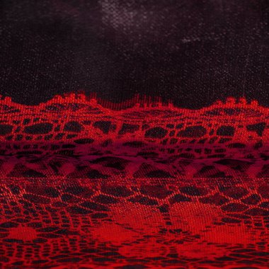 Kırmızı dantel kumaş, kırmızı ve siyah kumaşın kombinasyonu. mavi, yakut, doku, arkaplan, desen.