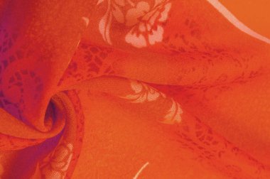 Çiçek desenli kırmızı ipek kumaş. Kıyafet tasarımı. Modern çiçek arkaplanı. Modern egzotik orman bitkileri. Boyama, güneş ışığı efekti doku, arkaplan, tasarım.