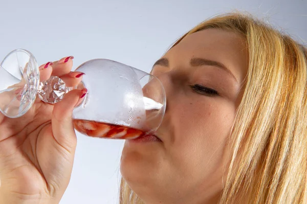 Studio Photo Model Blonde Girl Black Dress Glass Wine — Stock Photo, Image