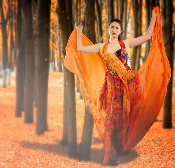 Photographie Studio Autoportrait Une Fille Robe Longue Rouge Imagine Papillon — Photo