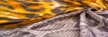 Doku, arkaplan, desen, ipek kumaş, Afrika temalı baskı, vahşi bir hayvanın teni.