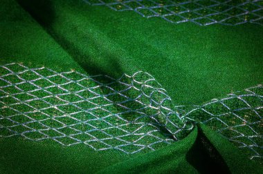 Yeşil yün kumaş, kumaşın üzerinde yün iplikler olan pelerin. Bu yün desenli şal özellikle aklını bilen modern kadınlar için yapılmış. Bu çarpıcı elbise batılı bir takım elbiseyle çalınmış.