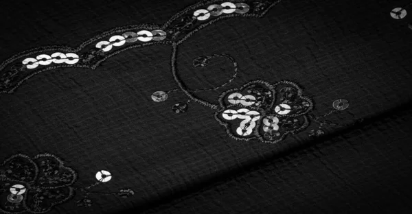 Silk Black Fabric Embellished Sequins Background Silk Satin Luxurious Texture — Stock Photo, Image