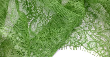Beyaz arka planda yeşil dantel kumaş. Süslü Afrika polyester ve tüllü dantel kumaş. Tasarımın için çiçekler. Doku. Geçmişi. Şablon
