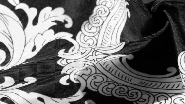 Beyaz çiçek desenli siyah ipek kumaş, geometrik çizgiler. Her tasarıma entelektüellik katmak için mükemmel. Doku, arkaplan, desen