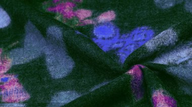 Kelebek desenli yeşil yün kumaş. Yeşil kırmızı mavi. Dekor modern, tekstil sanatı, doku, arkaplan, desen