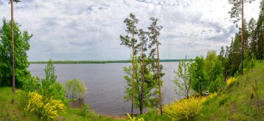 Spring photography in the river delta. European part. Spring flood of the river. The river floods during snowmelt and ice drift in spring. Panorama photography